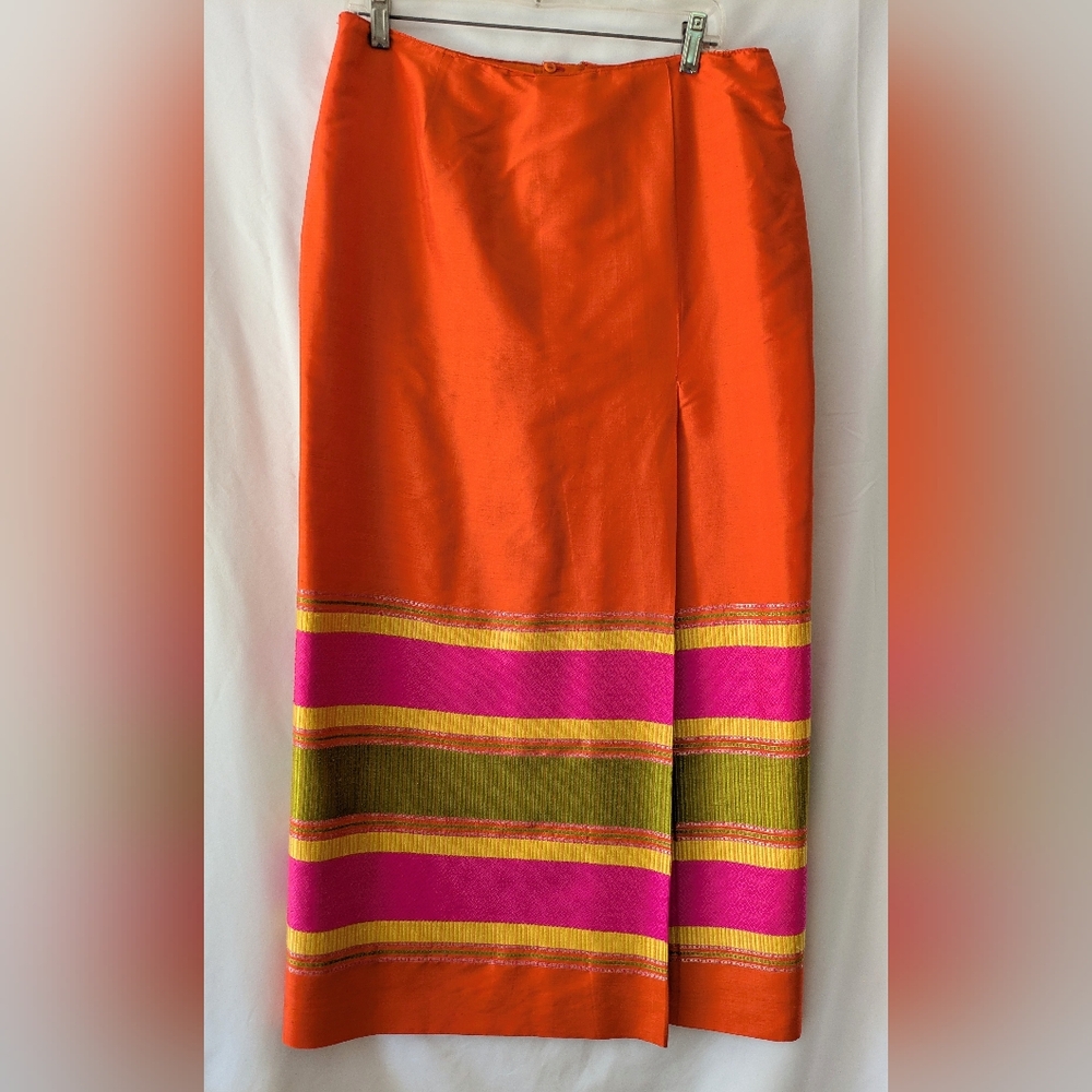 Vibrant Orange Maxi Skirt with Pink & Olive Stripes